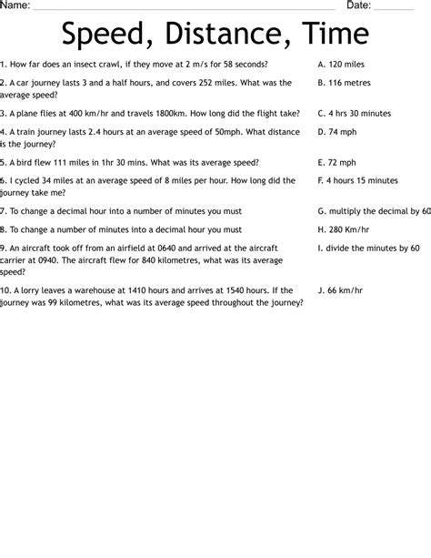 speed time and distance worksheet with answer